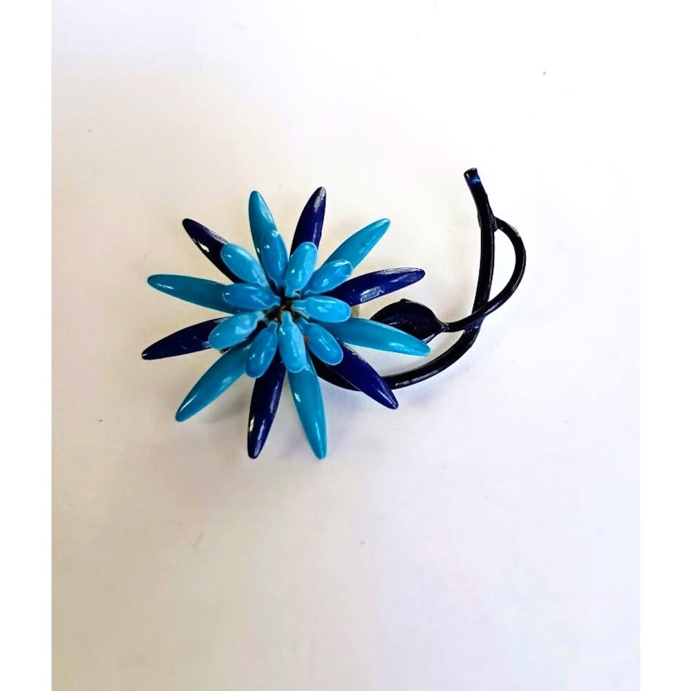 Vintage Blue Enamel Flower Brooch With Black Stem & Leaf 2.5"
